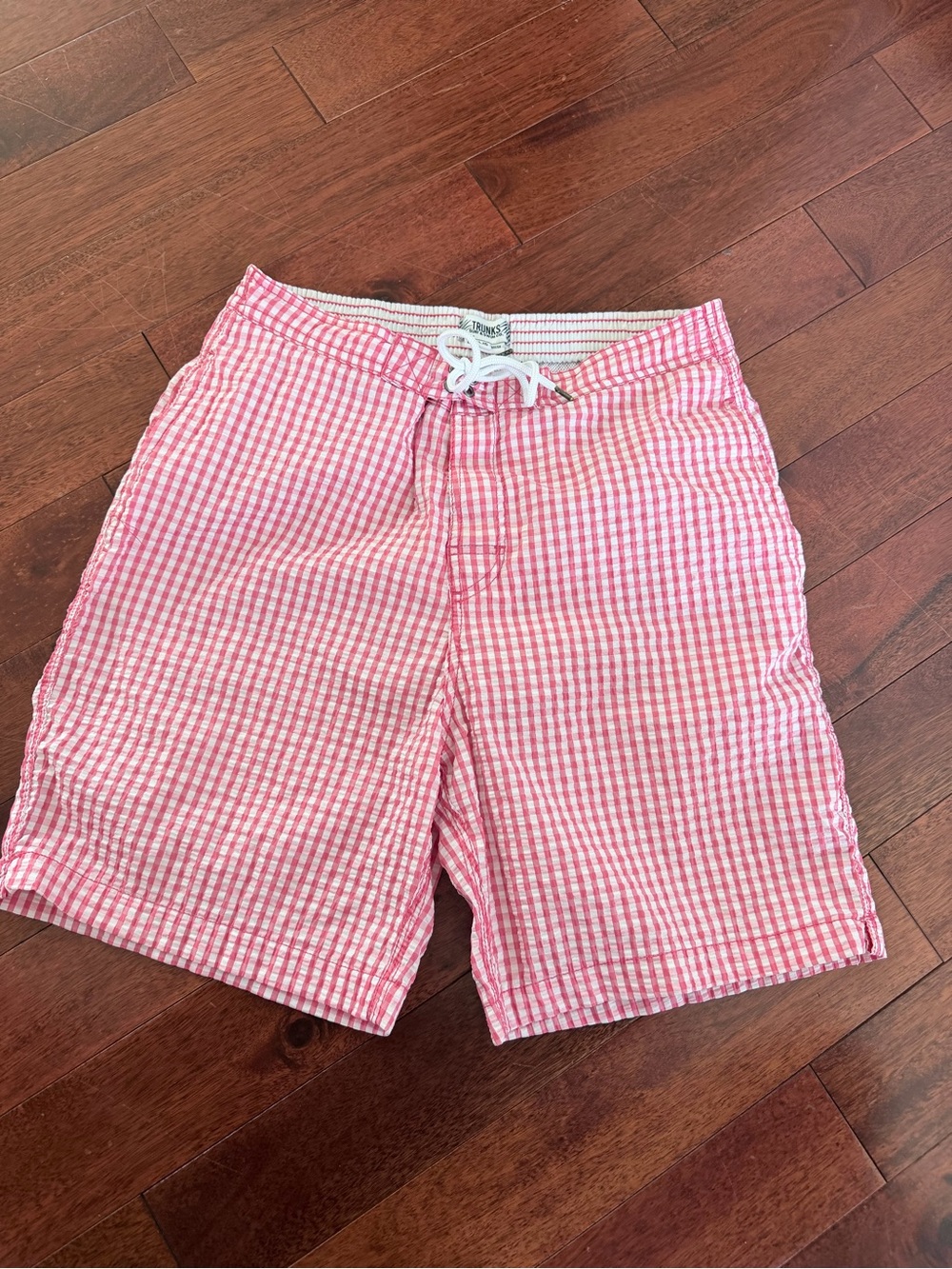 Men's Pink Gingham Swim Trunks with Drawstring Waist